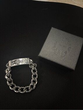 Chrome Hearts Silver Fancy Link ID Bracelet with Engraved Plate